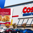Collage of Pains au Chocolat from La Boulangere and Costco store front