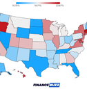 A red, white, and blue heat map of the United States, showing the tax burden by state in 2025.