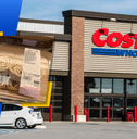 Collage of Costco front store and food