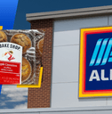 Collage Aldi front store and Apple Muffin tray