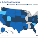 A color coded map of the U.S. showing the most stolen cars in America.