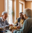 happy seniors talk while eating lunch