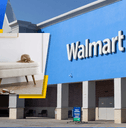 Collage of Walmart store front and picture of storage bench product