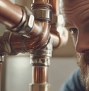 Home inspector looking at pipes closeup