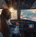 Pilot wearing headset is sitting in airplane