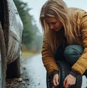 A woman changing a tire