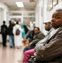 Senior man in waiting room at the bank