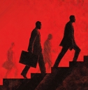Graphic of business men climbing stairs red background