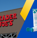 Collage pof Trader Joe&#x27;s store front and Hair Mask product