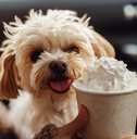 dog excitedly looking at a whipped cream