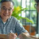 smiling senior man signing document