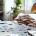 Desk filled with overwhelming piles of bills and cluttered paperwork