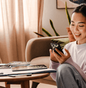 person on phone at home