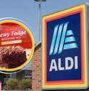 Aldi storefront with brownie mix collage