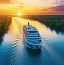Cruise ship navigating river at sunset
