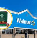 Collage of Walmart store front and Starbucks coffee product
