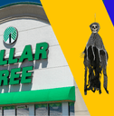 Collage Dollar Tree store front and Halloween hanging skeletons item