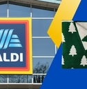 Aldi logo with holiday blanket collage