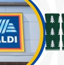 Aldi storefront with holiday hand towels collage