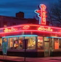 Classic neon sign glowing on a vintage diner facade