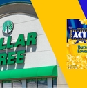 Dollar Tree storefront with popcorn box collage