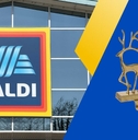 Aldi logo with stocking holder collage