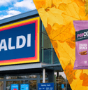 Collage of Aldi store, fall leaves, and a PopCorners product