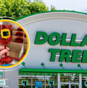 Collage of Dollar Tree storefront and product Santa belt red cup