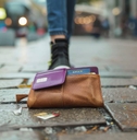 A misplaced brown leather wallet with visible credit cards lying on the rainy pavements of a city street 