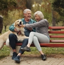 elderly couple on park bench with dog