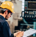 Man wearing yellow protection hat in a factory, taking notes 