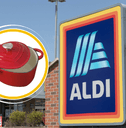 Collage of ALDI storefront and heart Dutch oven product
