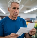 Worried senior man checks grocery bill in supermarket aisle looking shocked 