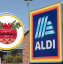 Collage of Aldi storefront and a Valentine's Day wreath decor 