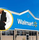 Collage of Walmart storefront and black puffer jacket product worn by model