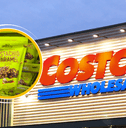 Collage of Costco's storefront logo and a snack product