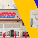 Collage of Costco's storefront and heated blanket product
