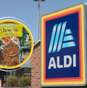 Collage of Aldi storefront and a food product 