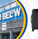 Collage of Five Below storefront and a black carry on suitcase product