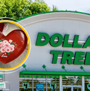 Collage of Dollar Tree storefront and heart tray product