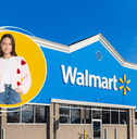 Collage of Walmart storefront and a model wearing pink cardigan with hearts
