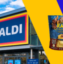 Collage of Aldi storefront and a ravioli food product