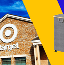 Collage of Target storefront and a laundry hamper product
