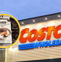 Collage of Costco's storefront and a dessert product