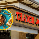 Trader Joe's storefront and noodle dish collage