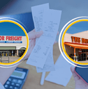Collage of Harbor Freight and Home Depot store front with background of checking receipts