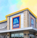 Aldi store with vibrant watercolor background