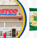 Collage of Costco storefront and a ravioli product