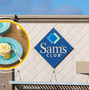 Collage of Sam's Club storefront and a blue plate product with dessert in it