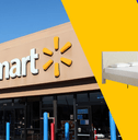 Collage of Walmart storefront and a bed frame and mattress product